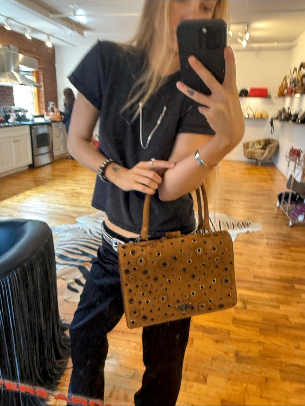 PRADA BROWN SUEDE GROMMET FRAME SATCHEL - Picture 7 of 7